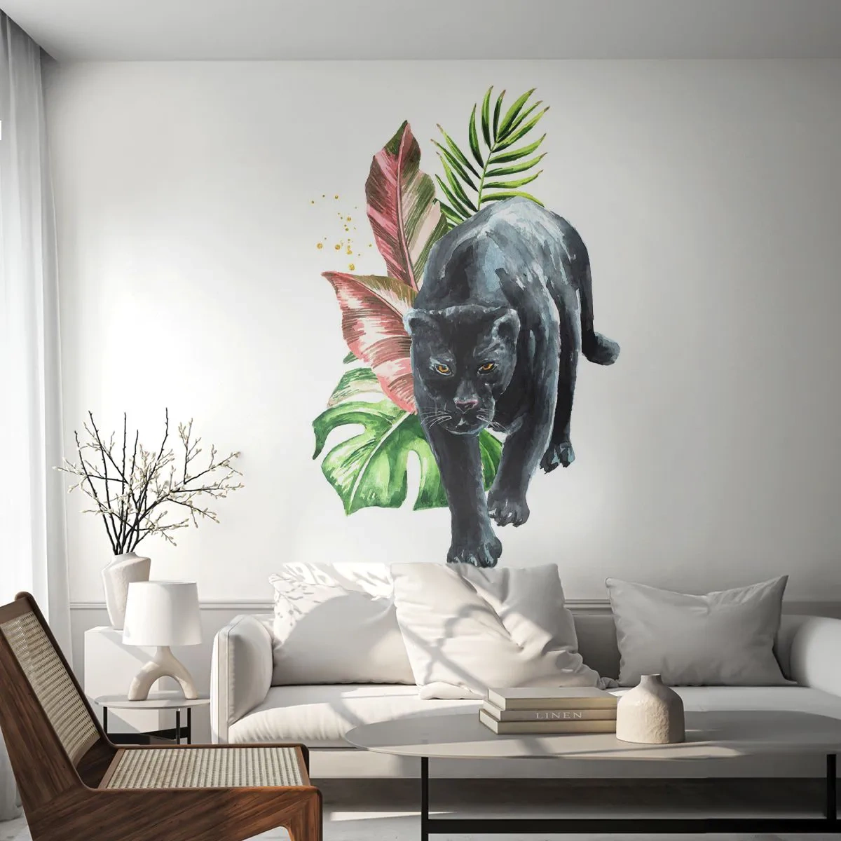 Fototapeta Premium Sand - Czarna pantera wśród tropikalnych liści - 100x70cm - Dzikość serca - Nowoczesna dekoracja ścienna do salonu, kuchni i sypialni ARTTOR