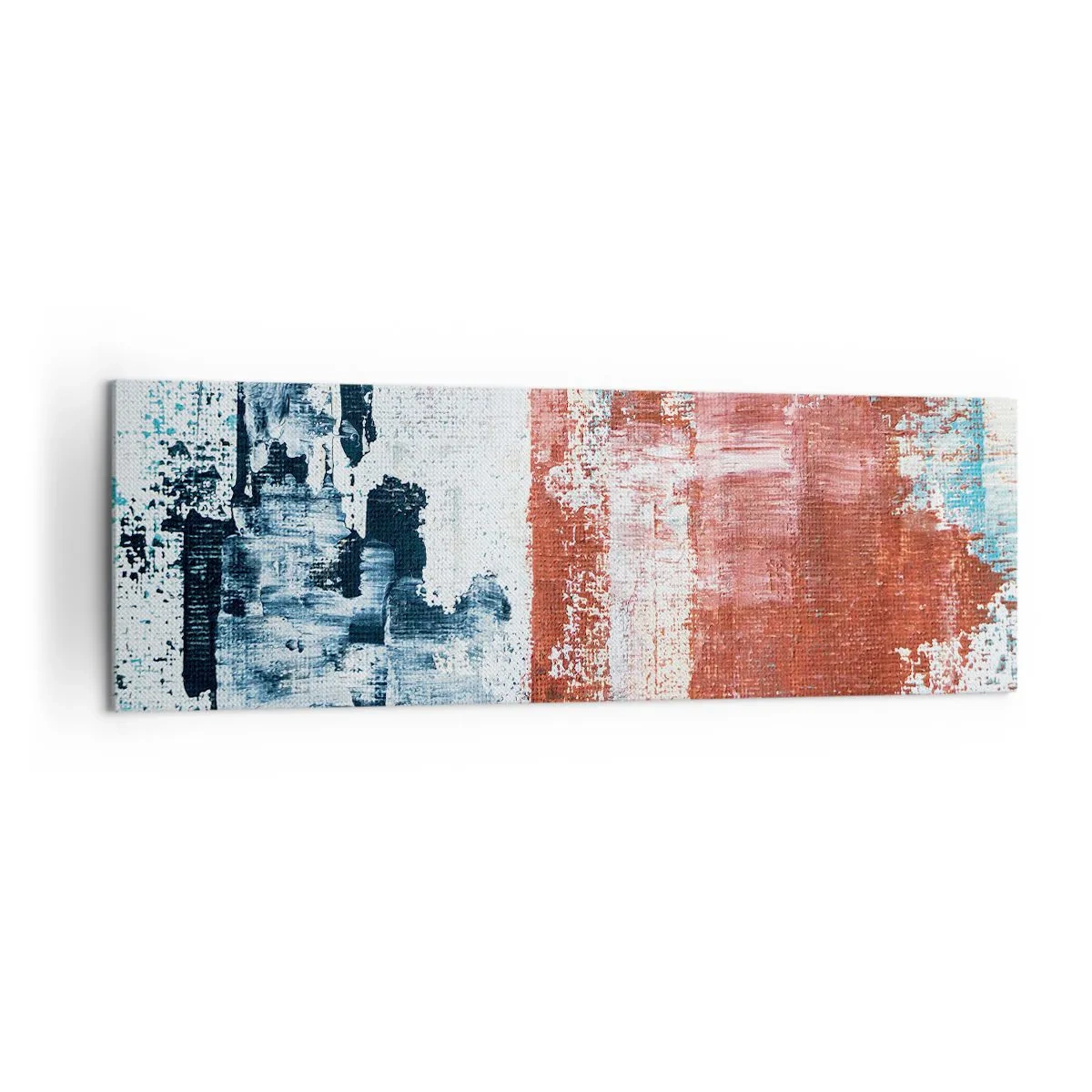 Obraz na płótnie - Abstrakcja w biało-niebieskich i ceglanych barwach - 160x50cm - Abstrakcyjne pół na pół - Nowoczesna dekoracja ścienna do salonu i sypialni ARTTOR