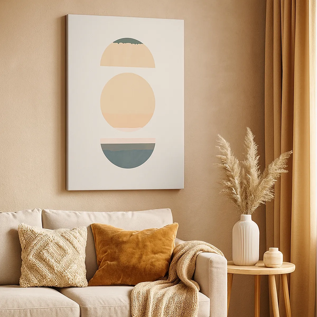 Obraz na płótnie - Minimalistyczna kompozycja geometryczna z trzema pastelowymi kołami na białym tle - 50x70cm - Koło za kołem - Nowoczesna dekoracja ścienna do salonu, kuchni i sypialni ARTTOR