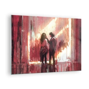 Obraz na szkle - Para w ciepłym świetle abstrakcyjnej scenerii - 70x50cm - Odwieczny spektakl miłości - Nowoczesna dekoracja ścienna do salonu i sypialni ARTTOR