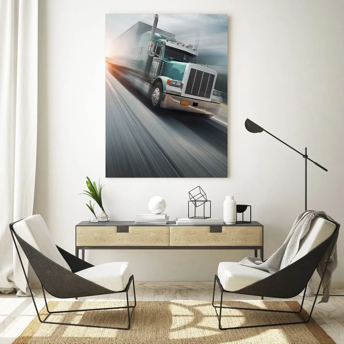 Obraz na szkle - Ciężarówka na autostradzie w ruchu przy zachodzie słońca - 70x100cm - Amerykański olbrzym w pędzie - Nowoczesna dekoracja ścienna do salonu i sypialni ARTTOR