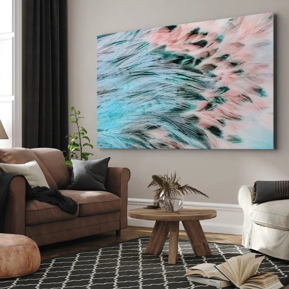 Obraz na płótnie - Zbliżenie na pióra w pastelowych szafirowo-różowych barwach - 70x50cm - Szafirowo-różowy puch - Nowoczesna dekoracja ścienna do salonu i sypialni ARTTOR