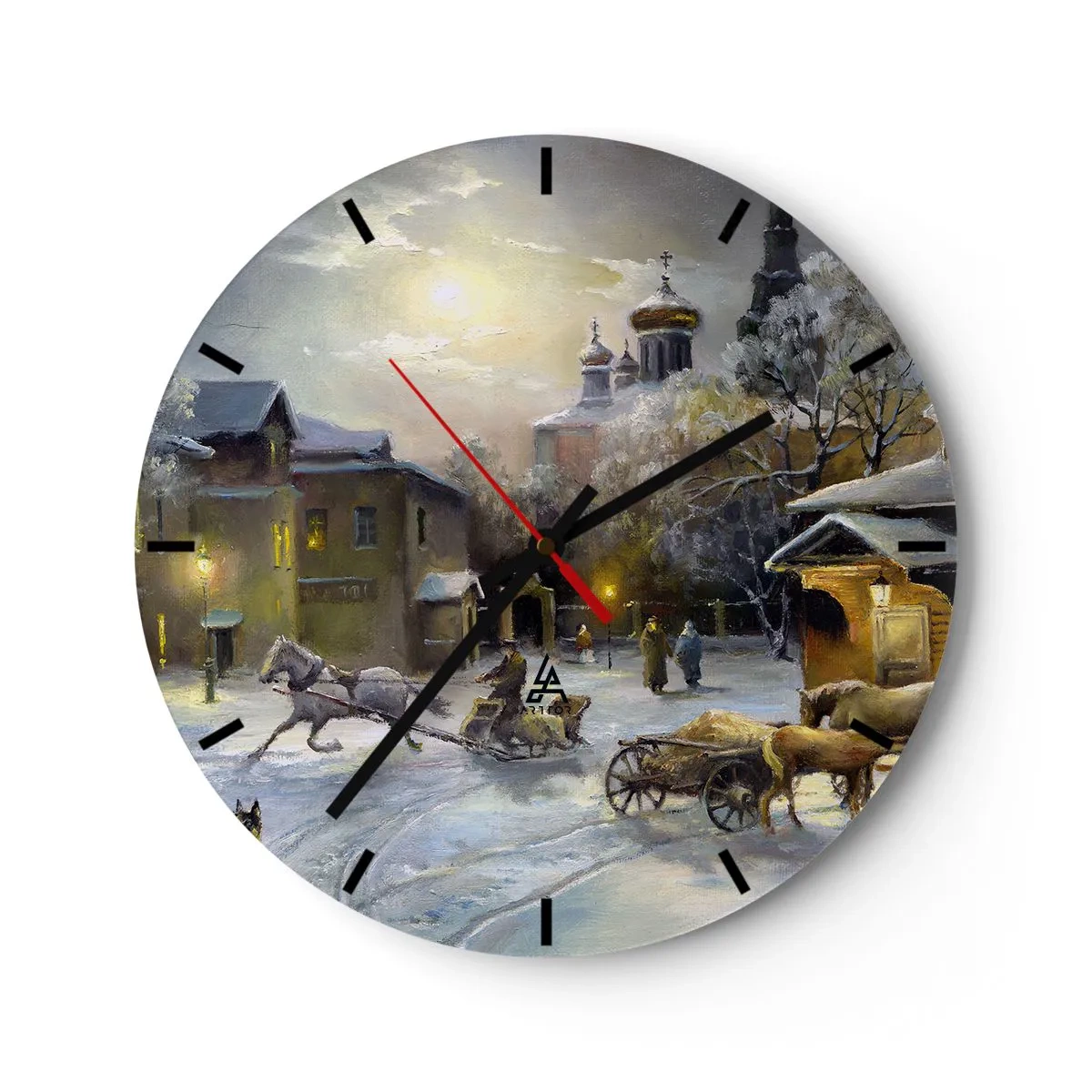 Zegar ścienny - Zimowy pejzaż z końmi i cerkwią w tle - 30x30cm - Magia rosyjskiej zimy - Nowoczesna dekoracja ścienna do salonu, kuchni i sypialni ARTTOR