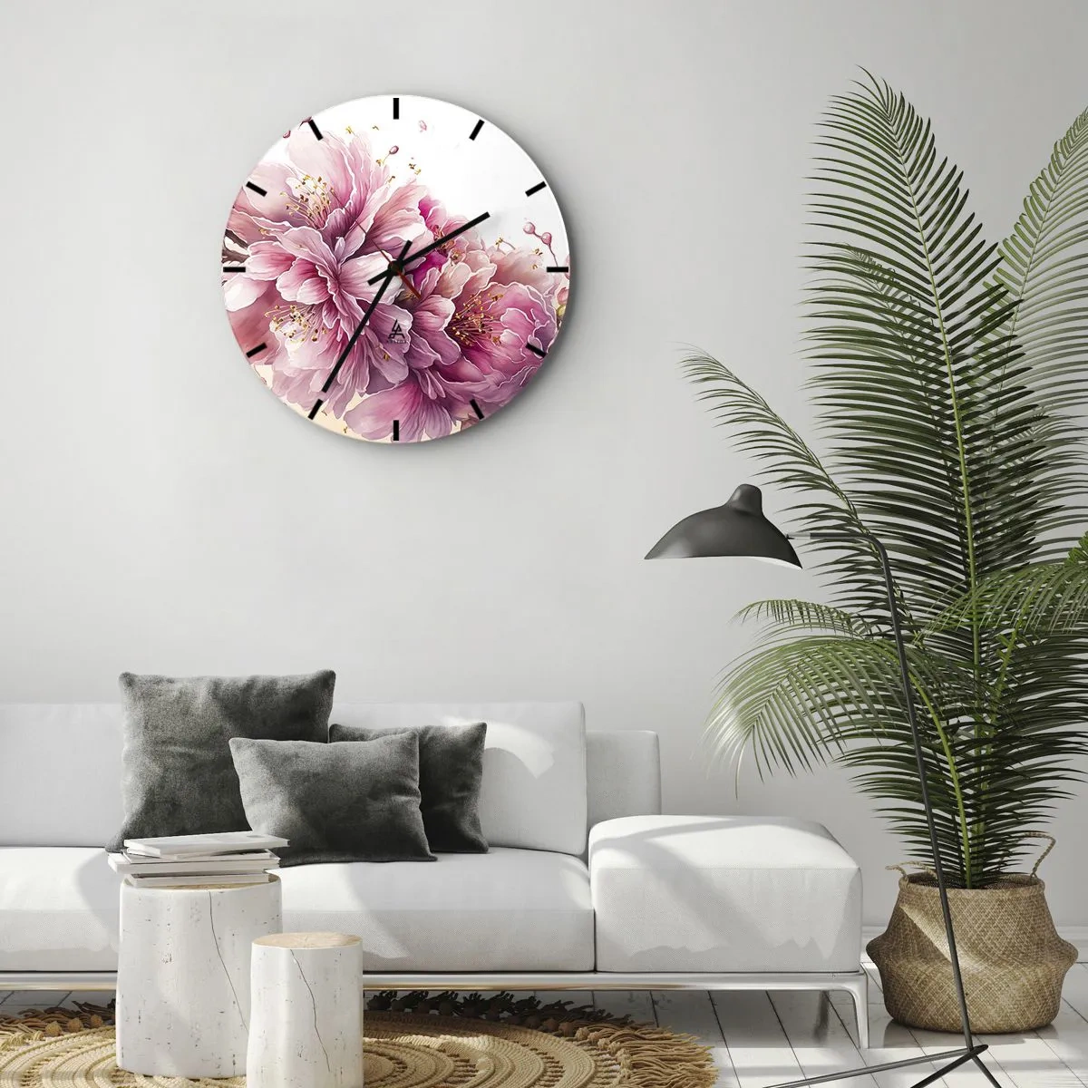 Zegar ścienny - Rozkwitające różowe kwiaty wiśni na białym tle w artystycznym stylu - 30x30cm - Kwiat kwitnącej wiśni - Nowoczesna dekoracja ścienna do salonu, kuchni i sypialni ARTTOR