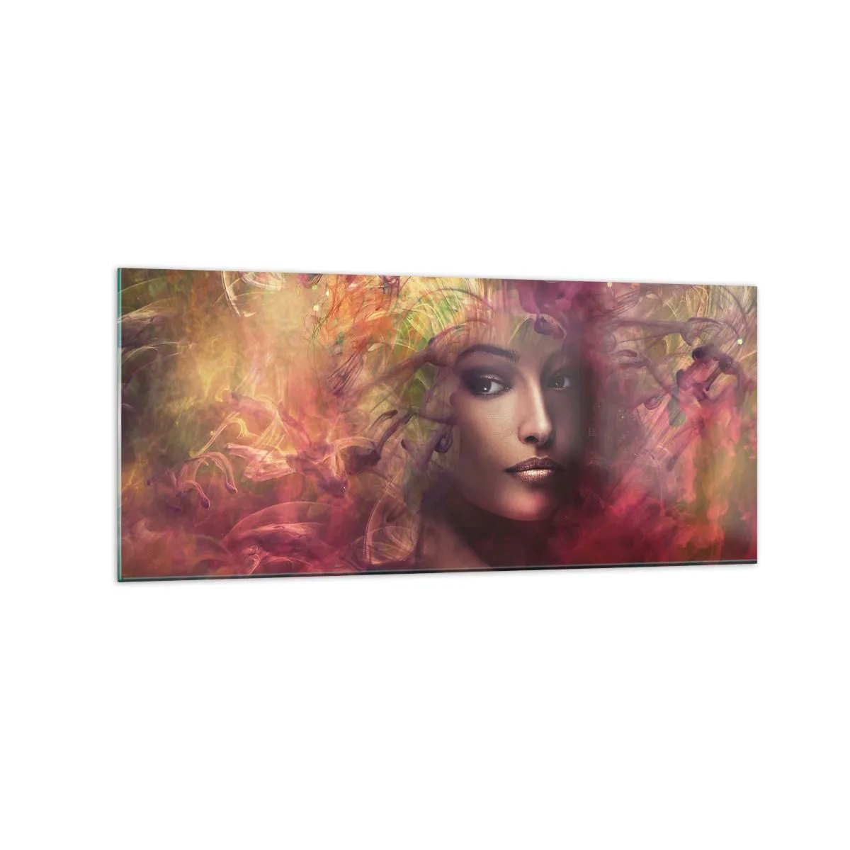 Obraz na szkle - Kobieta w abstrakcyjnych kolorach tworzących dynamiczne tło - 120x50cm - Tu jestem! - Nowoczesna dekoracja ścienna do salonu i sypialni ARTTOR