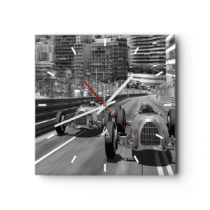 Zegar ścienny - Monochromatyczna scena wyścigu retro samochodów - 30x30cm - Dawno temu w Monte Carlo - Nowoczesna dekoracja ścienna do salonu i sypialni ARTTOR