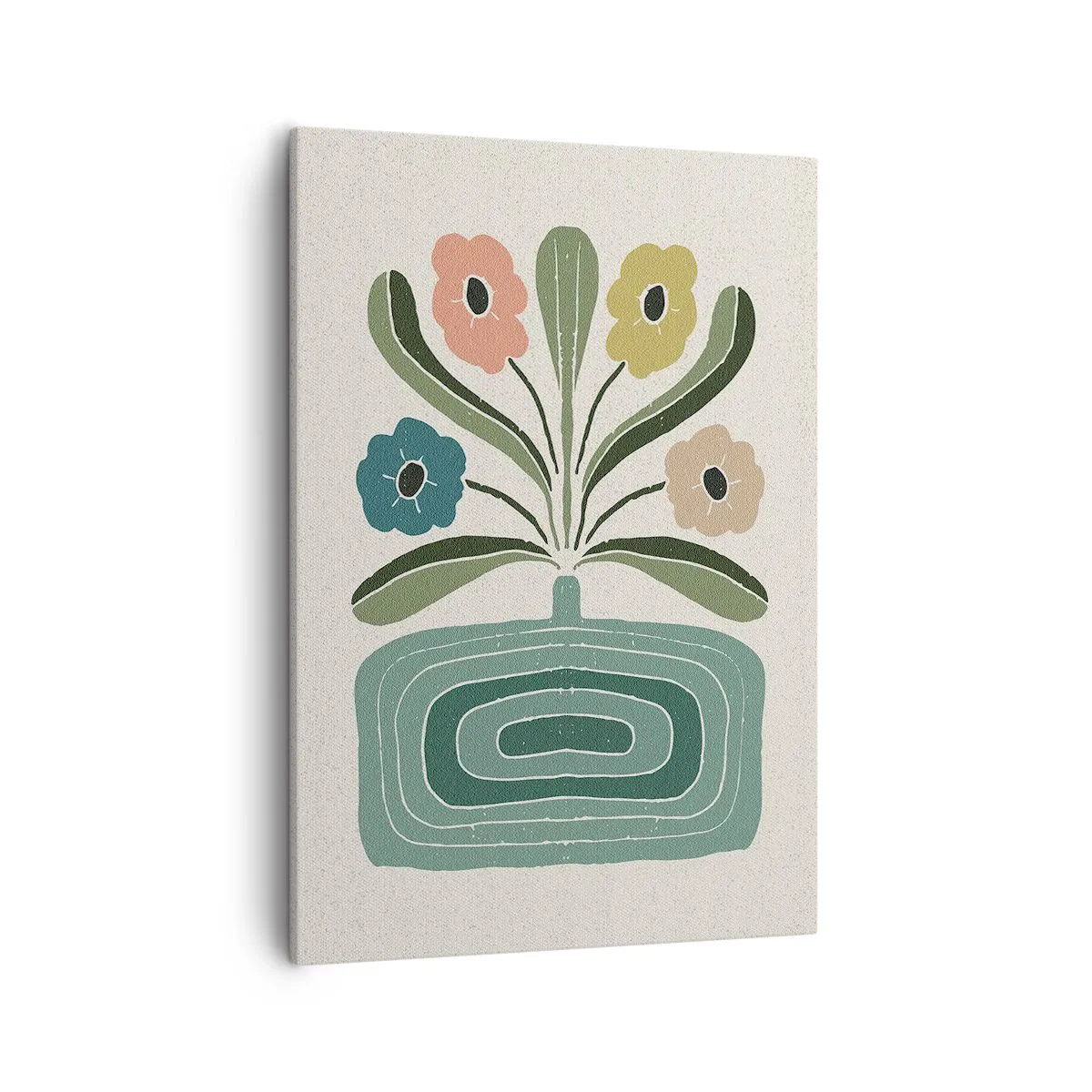 Obraz na płótnie - Kolorowe kwiaty w geometrycznym wazonie na jasnym tle - 50x70cm - Bukiet symetryczny - Nowoczesna dekoracja ścienna do salonu, kuchni i sypialni ARTTOR