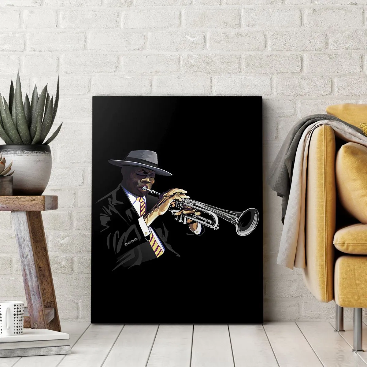 Obraz na płótnie - Stylowy muzyk grający na trąbce na czarnym tle - 50x70cm - Czar starej szkoły - Nowoczesna dekoracja ścienna do salonu, kuchni i sypialni ARTTOR