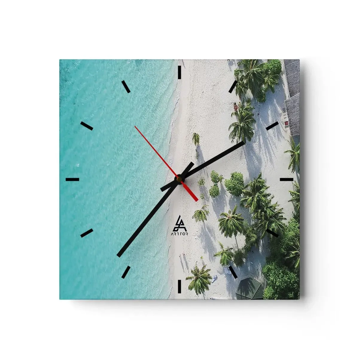 Zegar ścienny - Tropikalna plaża z turkusową wodą i palmami z lotu ptaka - 30x30cm - Wakacje w raju - Nowoczesna dekoracja ścienna do salonu i sypialni ARTTOR