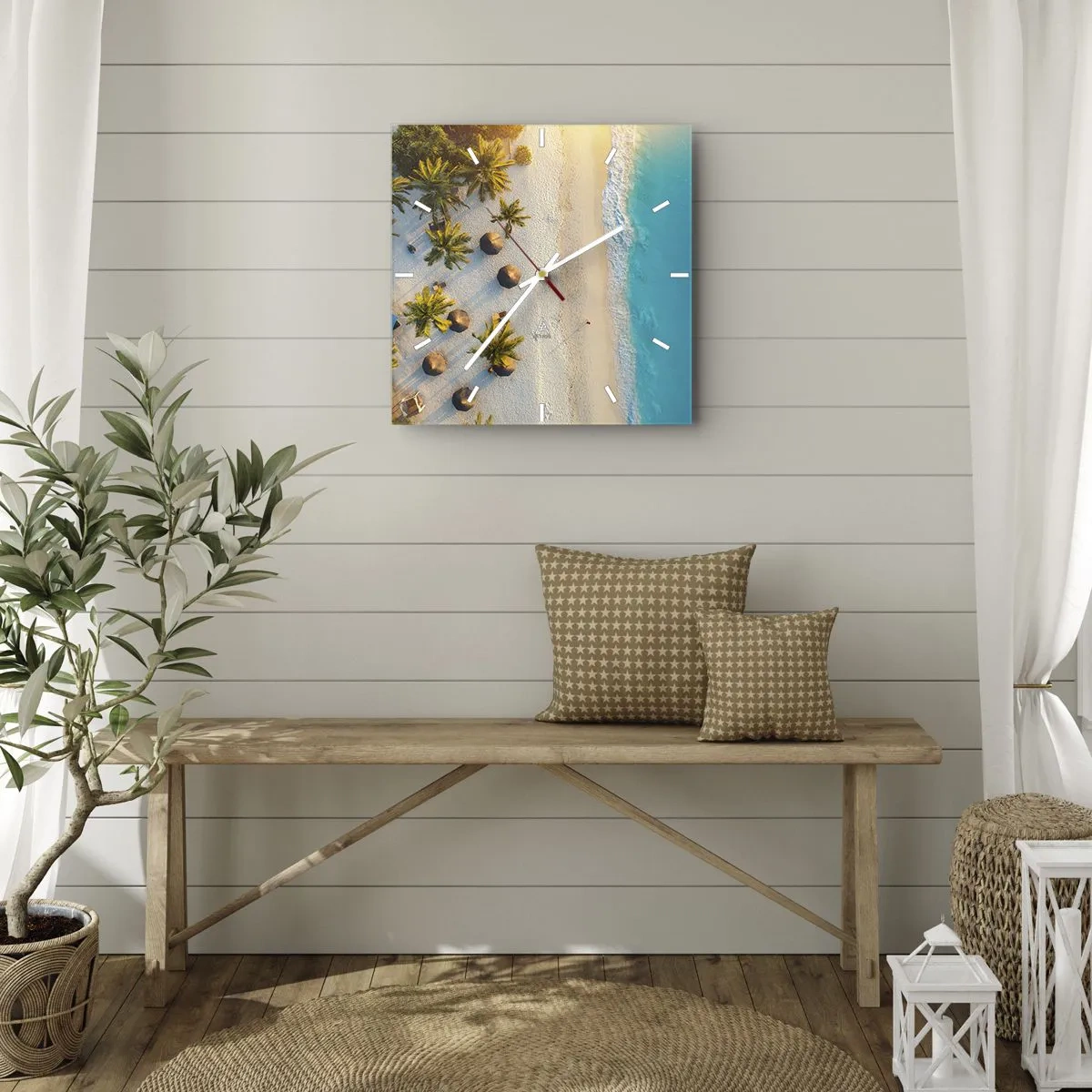 Zegar ścienny - Widok na tropikalną plażę z palmami i turkusowym morzem - 30x30cm - Witaj w raju - Nowoczesna dekoracja ścienna do salonu i sypialni ARTTOR