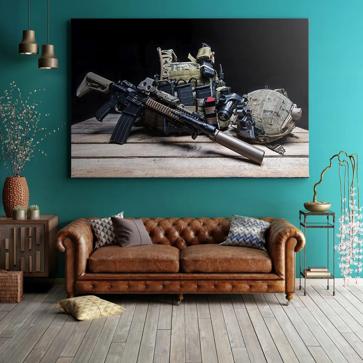 Obraz na płótnie - Wyposażenie taktyczne z karabinem na drewnianym stole - 70x50cm - Spocznij! - Nowoczesna dekoracja ścienna do salonu i sypialni ARTTOR
