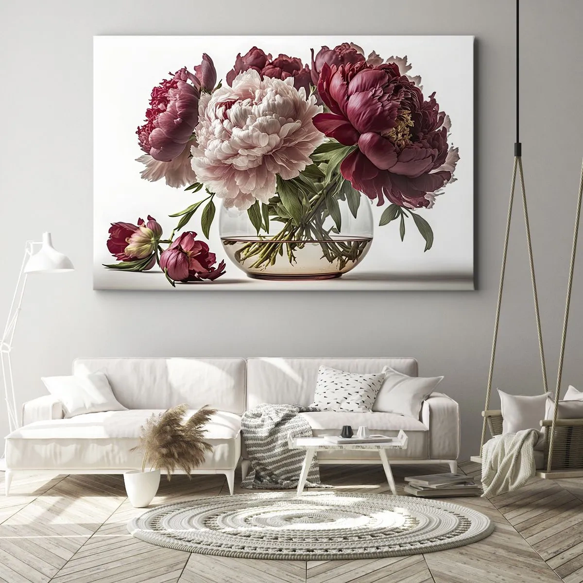 Obraz na płótnie - Bukiet piwonii w odcieniach różu i czerwieni - 70x50cm - W pełnym rozkwicie urody - Nowoczesna dekoracja ścienna do salonu i sypialni ARTTOR