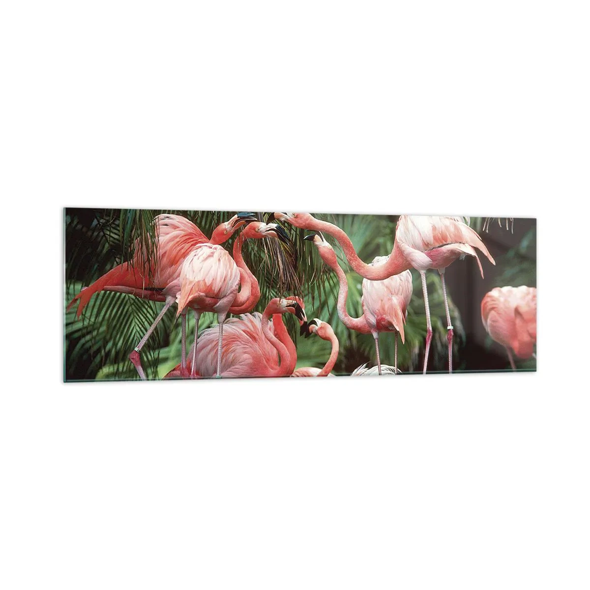 Obraz na szkle - Grupa flamingów w tropikalnym otoczeniu palm - 160x50cm - Popołudniowe ploteczki - Nowoczesna dekoracja ścienna do salonu i sypialni ARTTOR