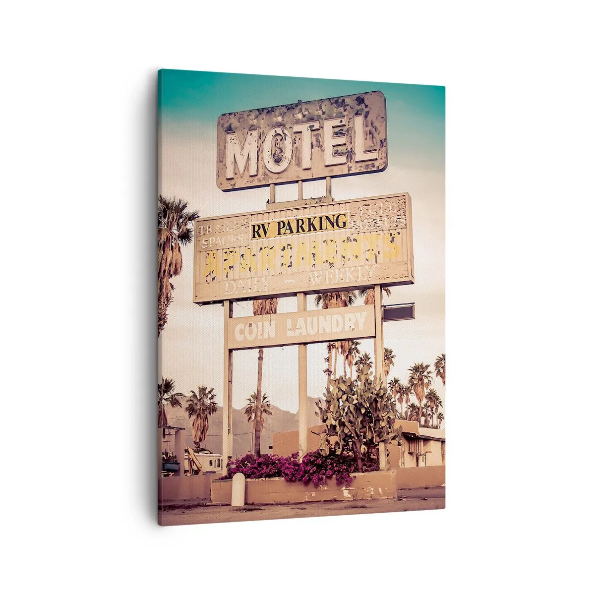 Obraz na płótnie - Stary znak motelu z lat 60. z widokiem na amerykańską drogę - 50x70cm - Tu czas się zatrzymał - Nowoczesna dekoracja ścienna do salonu, kuchni i sypialni ARTTOR