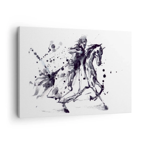 Obraz na płótnie - Czarno-biała akwarela jeźdźca na galopującym koniu - 70x50cm - Czarny rycerz - Nowoczesna dekoracja ścienna do salonu i sypialni ARTTOR