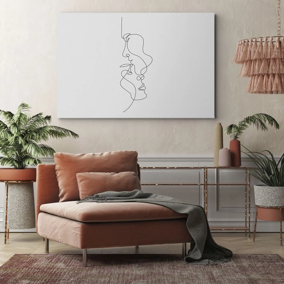 Obraz na płótnie - Minimalistyczny rysunek dwóch twarzy w jednym ciągu linii - 70x50cm - Żar rzewnych żądz - Nowoczesna dekoracja ścienna do salonu i sypialni ARTTOR