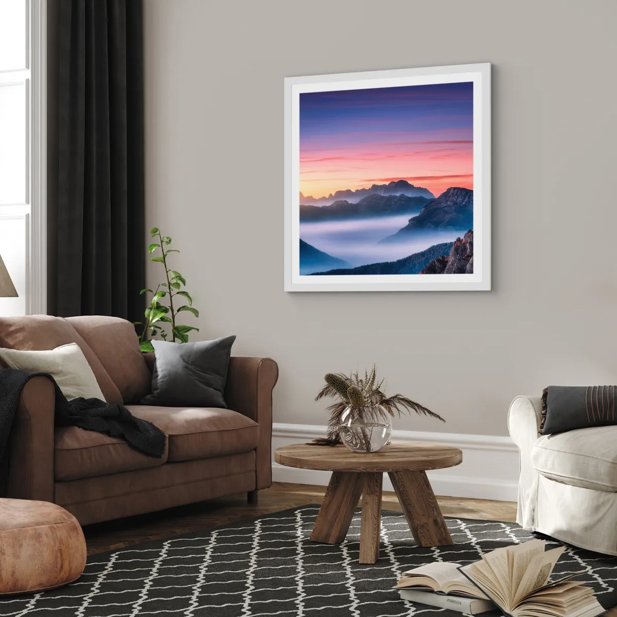 Plakat w białej ramie - Nad dolinami - 50x50 cm