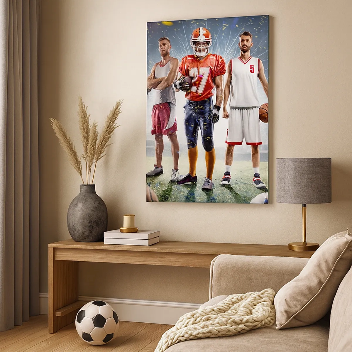 Obraz na płótnie - Sportowcy z różnych dyscyplin na dynamicznym tle stadionu - 50x70cm - Gladiatorzy boisk - Nowoczesna dekoracja ścienna do salonu, kuchni i sypialni ARTTOR