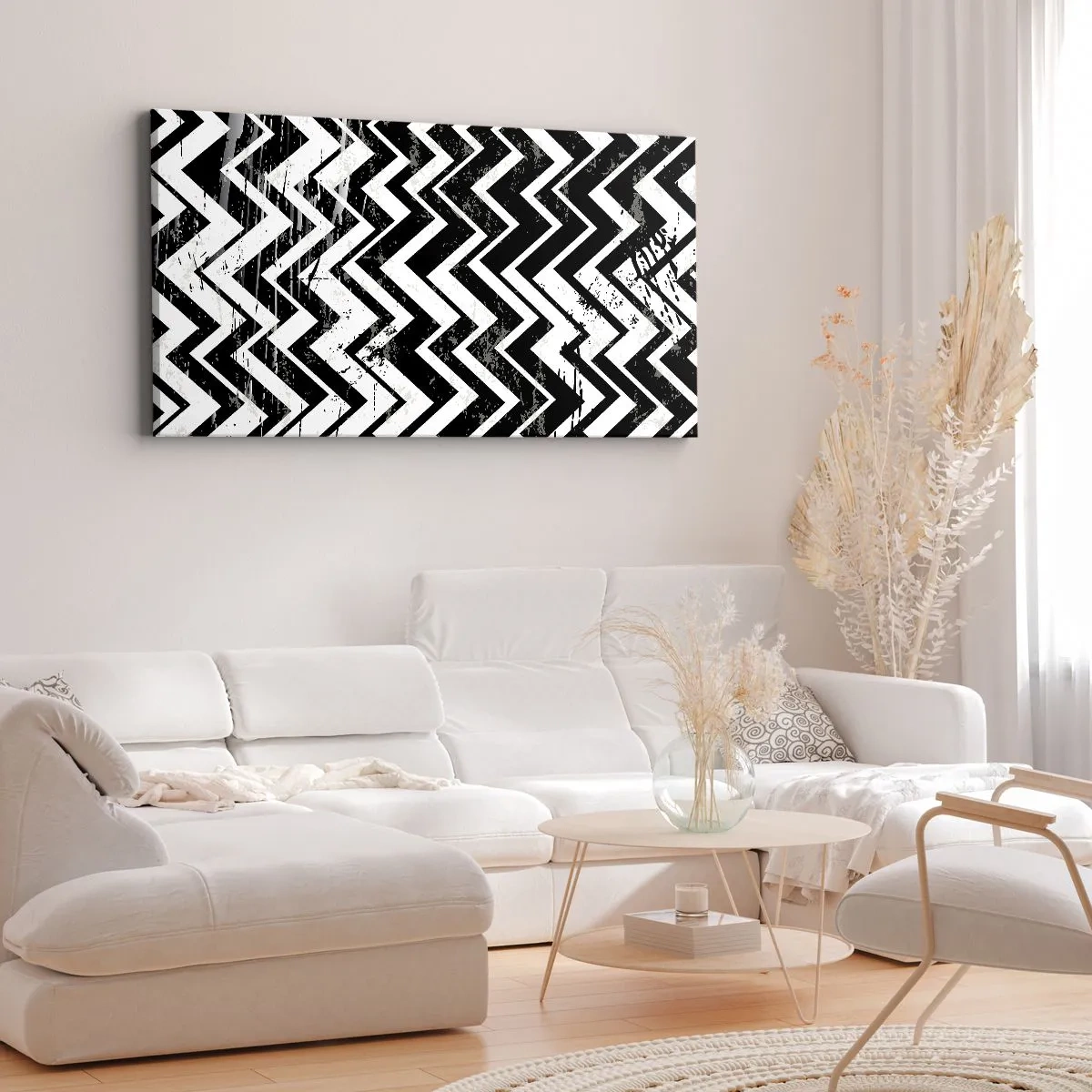 Obraz na płótnie - Czarno-biały wzór w zygzaki z artystycznymi przetarciami - 140x50cm - Zyg-białe, zag-czarne - Nowoczesna dekoracja ścienna do salonu i sypialni ARTTOR