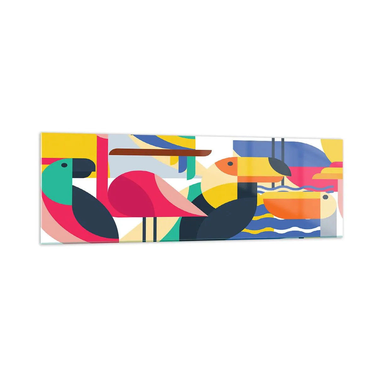 Obraz na szkle - Kolorowe ptaki w abstrakcyjnej, geometrycznej kompozycji - 160x50cm - Ptasie party - Nowoczesna dekoracja ścienna do salonu i sypialni ARTTOR
