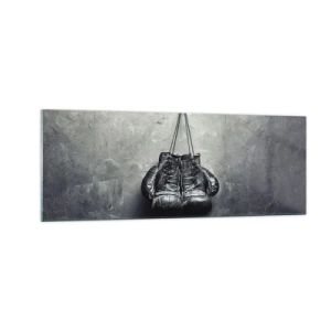 Obraz na szkle - Stare rękawice bokserskie na tle ściany - 140x50cm - Czas walki i czas pokoju - Nowoczesna dekoracja ścienna do salonu i sypialni ARTTOR