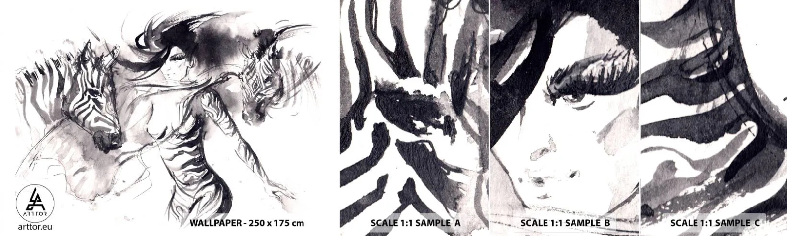 Fototapeta Próbka Samoprzylepna Deluxe Sticker - Tańcząca z zebrami - Abstrakcja, Kobieta, Zebra - 100x30 cm