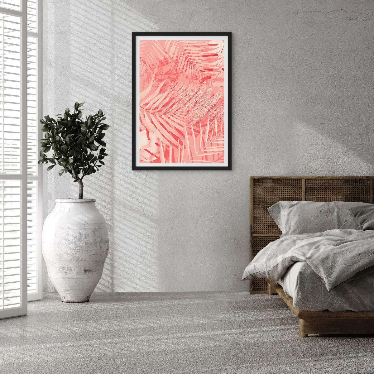 Plakat w czarnej ramie - Różowe liście paproci i palmy na pastelowym tle - 50x70cm - Różowy koncept - Nowoczesna dekoracja ścienna do salonu i sypialni ARTTOR