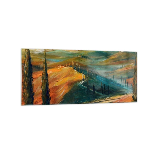 Obraz na szkle - Toskański krajobraz z polami, drogą i cyprysami - 120x50cm - Toskański pejzaż - Nowoczesna dekoracja ścienna do salonu i sypialni ARTTOR