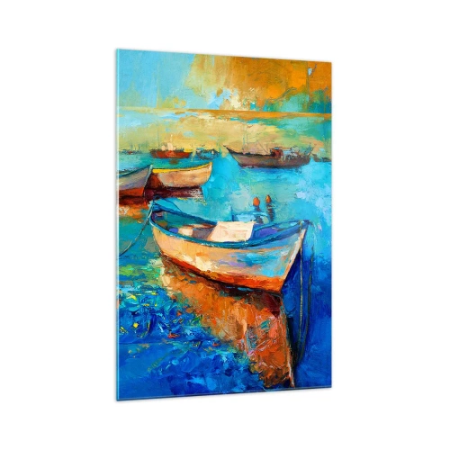 Obraz na szkle - Kolorowe łodzie zacumowane na spokojnej wodzie - 70x100cm - W południowej zatoce - Nowoczesna dekoracja ścienna do salonu i sypialni ARTTOR