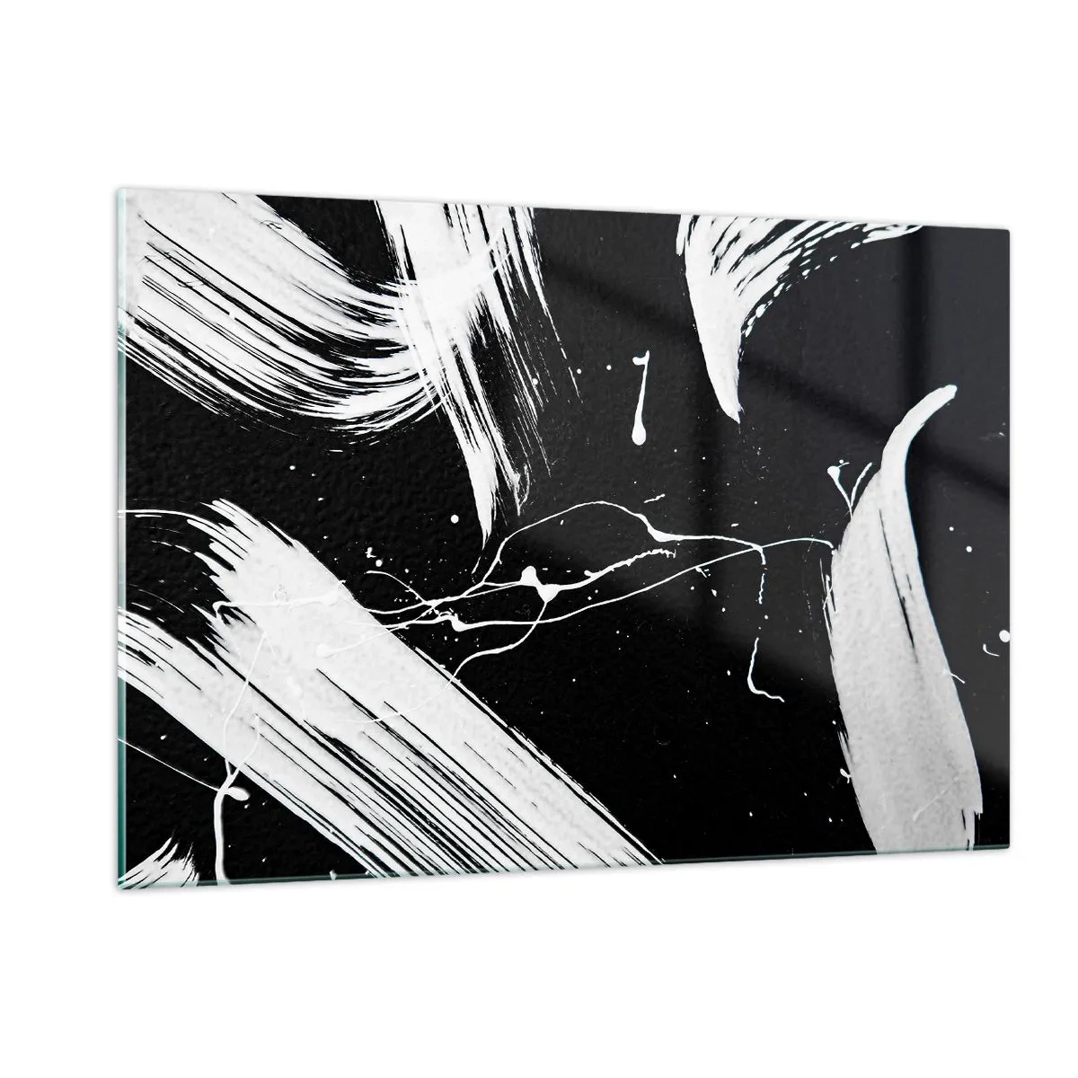 Obraz na szkle - Białe pociągnięcia pędzla na czarnym tle - 120x80cm - Przełamać mrok - Nowoczesna dekoracja ścienna do salonu, kuchni i sypialni ARTTOR