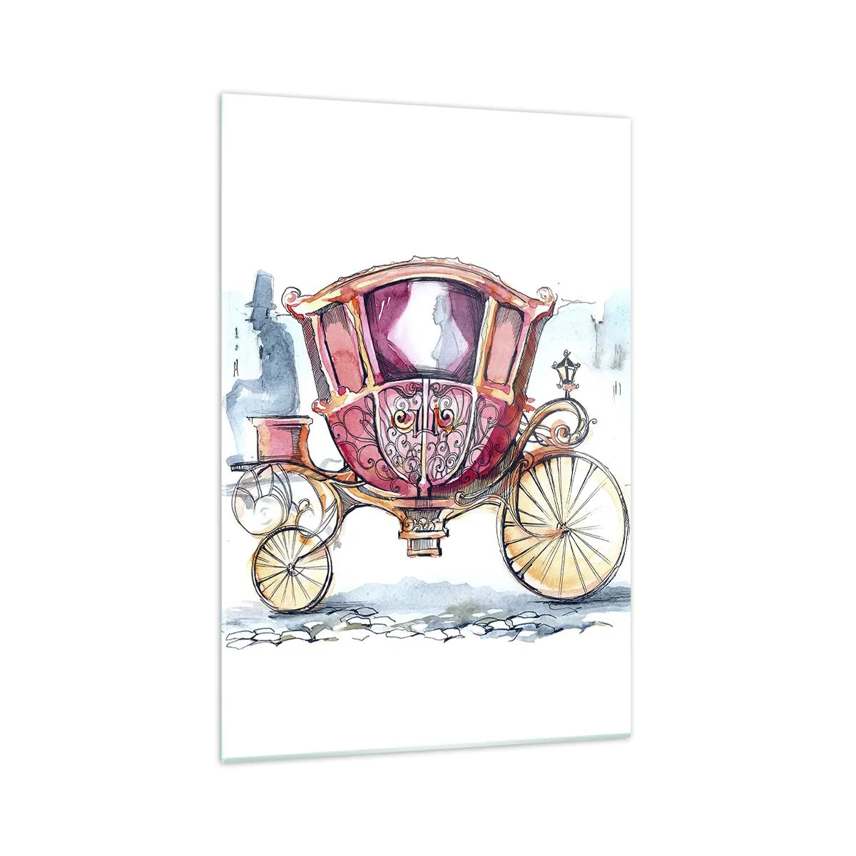 Obraz na szkle - Stylowa ilustracja zabytkowej karety w pastelowych kolorach - 70x100cm - Do ślubu czy na bal? - Nowoczesna dekoracja ścienna do salonu i sypialni ARTTOR