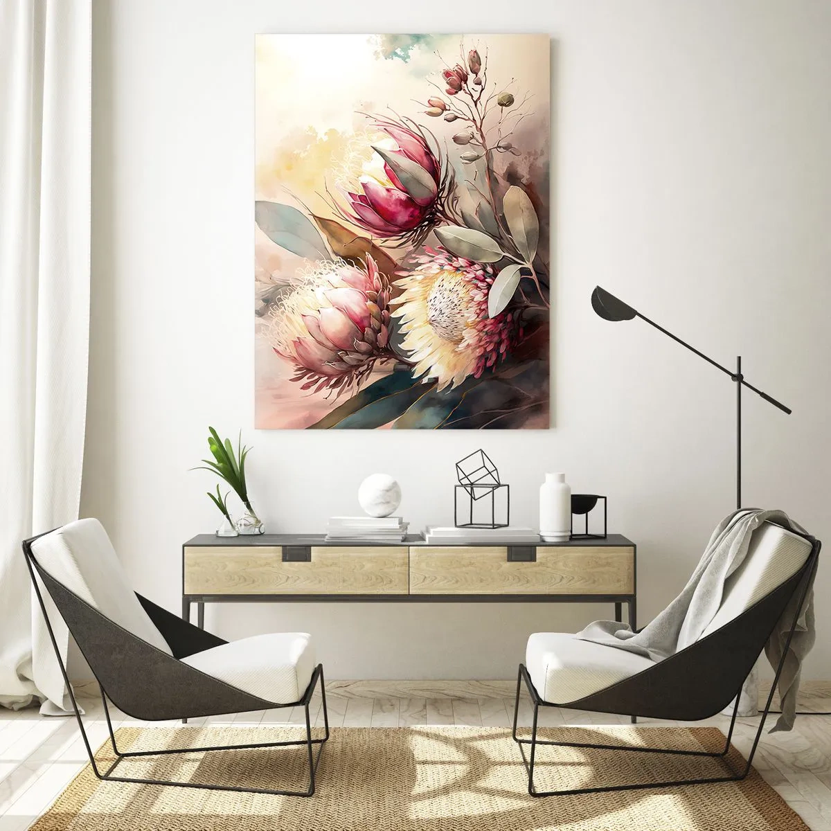 Obraz na szkle - Kwiaty protei w pastelowych barwach na artystycznym tle - 50x70cm - Z profilu i en face - Nowoczesna dekoracja ścienna do salonu, kuchni i sypialni ARTTOR