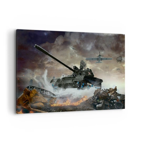 Obraz na płótnie - Scena bitwy z czołgami i samolotami w tle - 100x70cm - Bitwa jest straszna i piękna - Nowoczesna dekoracja ścienna do salonu, kuchni i sypialni ARTTOR
