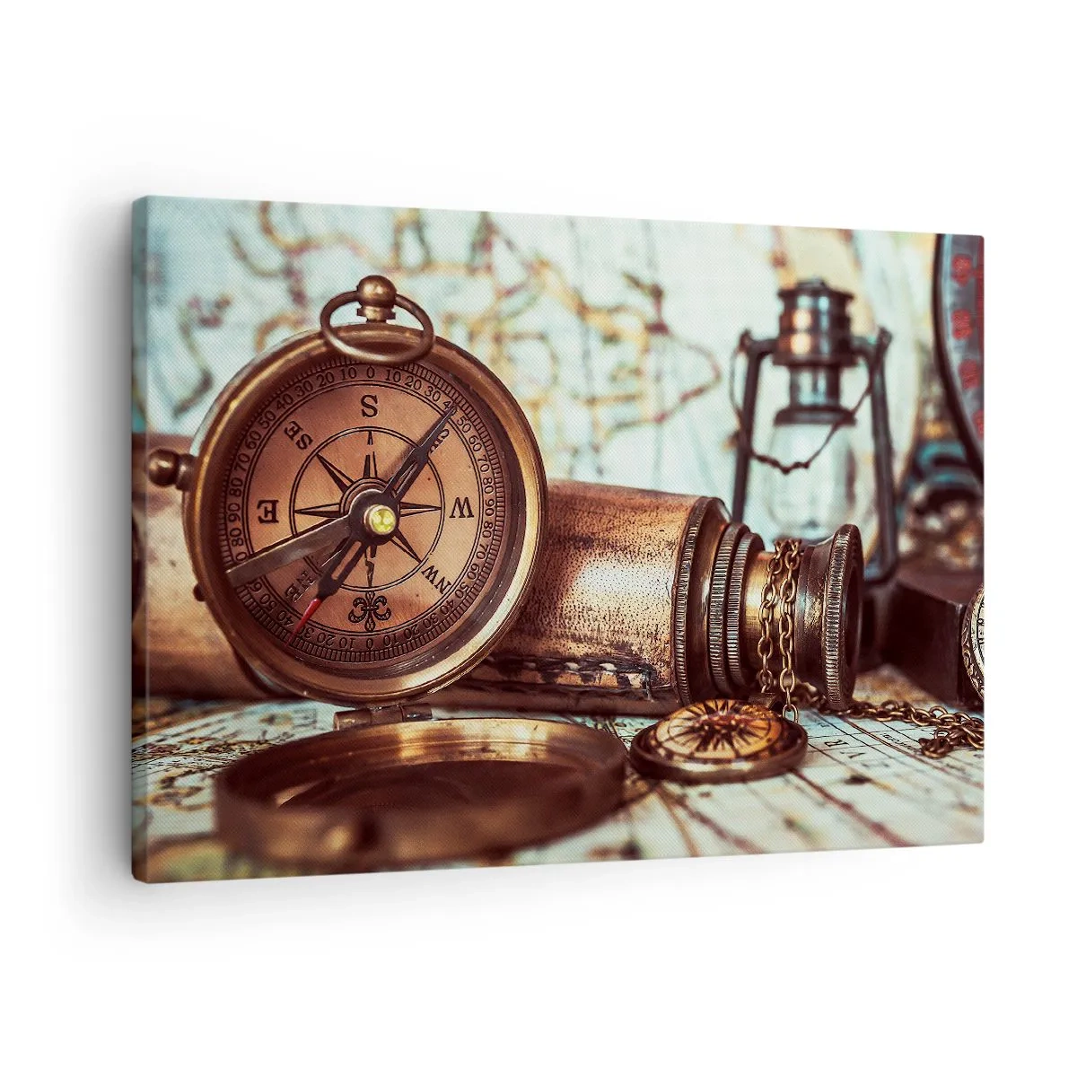 Obraz na płótnie - Zestaw retro z kompasem, lunetą i mapą w klimacie podróżniczym - 70x50cm - Piracka przygoda na Karaibach czeka - Nowoczesna dekoracja ścienna do salonu i sypialni ARTTOR
