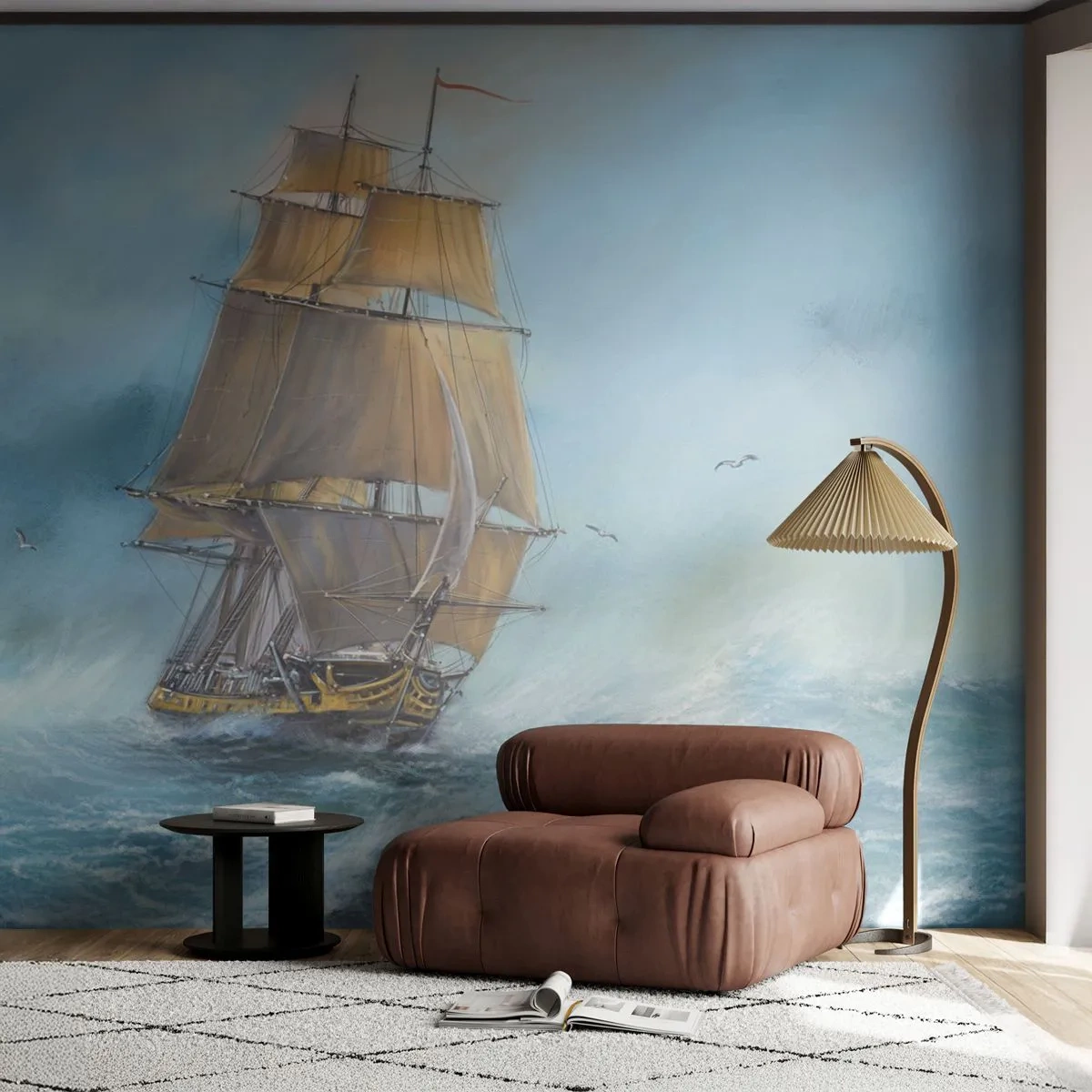 Fototapeta Premium Sand - Żaglowiec na wzburzonym morzu pod błękitnym niebem - 100x70cm - Mknący po falach - Nowoczesna dekoracja ścienna do salonu, kuchni i sypialni ARTTOR