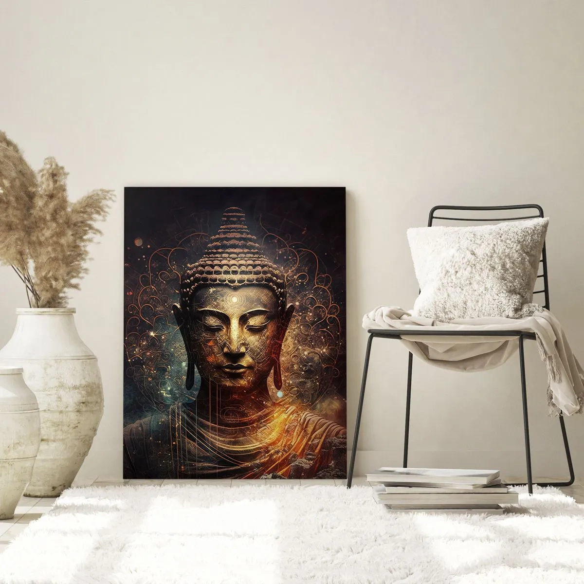 Obraz na szkle - Złoty Budda na ciemnym tle z ornamentami - 70x100cm - Duchowa równowaga - Nowoczesna dekoracja ścienna do salonu i sypialni ARTTOR