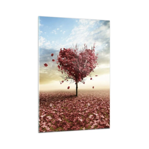 Obraz na szkle - Samotne drzewo w kształcie serca na polu czerwonych liści - 70x100cm - Pokochaj też jesień - Nowoczesna dekoracja ścienna do salonu i sypialni ARTTOR