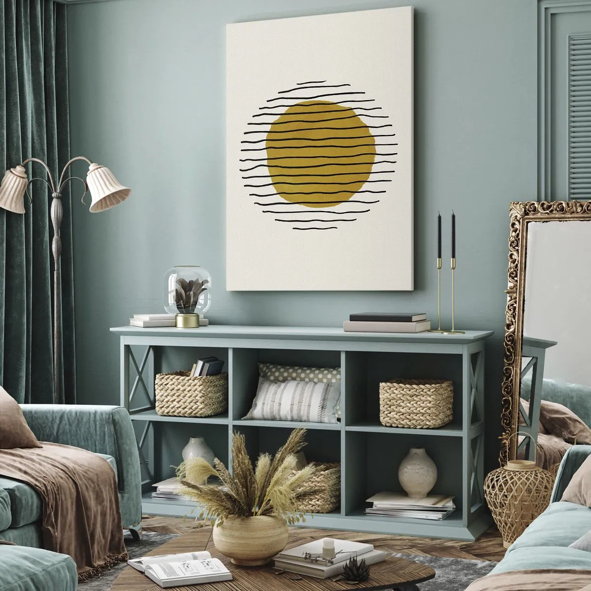 Obraz na płótnie - Żółty okrąg otoczony czarnymi falistymi liniami na jasnym tle - 50x70cm - Abstrakcja drżąca od żaru - Nowoczesna dekoracja ścienna do salonu, kuchni i sypialni ARTTOR