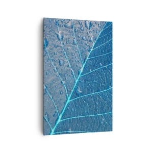 Obraz na płótnie - Liść w błękitnych odcieniach z kroplami wody - 80x120cm - Życie w błękicie - Nowoczesna dekoracja ścienna do salonu i sypialni ARTTOR