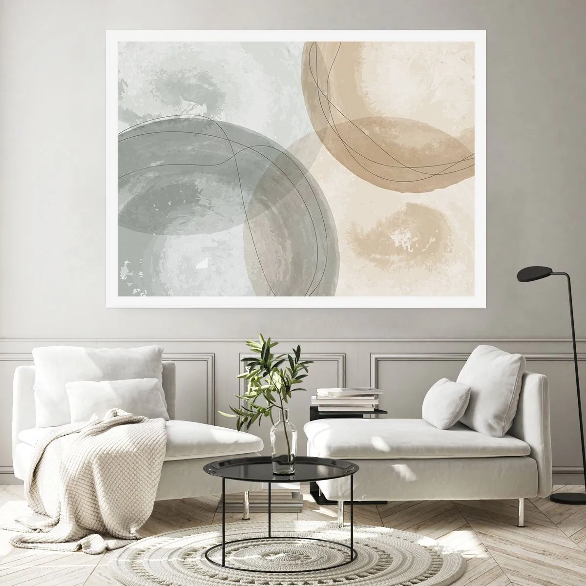 Plakat - Abstrakcyjna kompozycja w pastelowych barwach z liniami - 100x70cm - Przenikanie światów - Nowoczesna dekoracja ścienna do salonu i sypialni ARTTOR