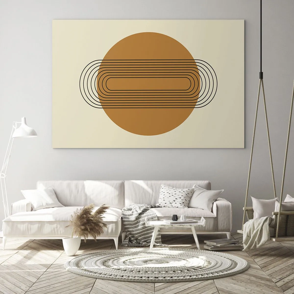 Obraz na szkle - Geometryczna abstrakcja z okręgiem i liniami - 70x50cm - Plan doskonały - Nowoczesna dekoracja ścienna do salonu i sypialni ARTTOR