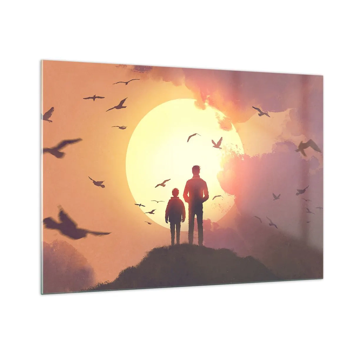 Obraz na szkle - Postacie ojca i syna stojące na tle zachodzącego słońca i fruwających ptaków - 100x70cm - Ze słońcem twarzą w twarz - Nowoczesna dekoracja ścienna do salonu, kuchni i sypialni ARTTOR