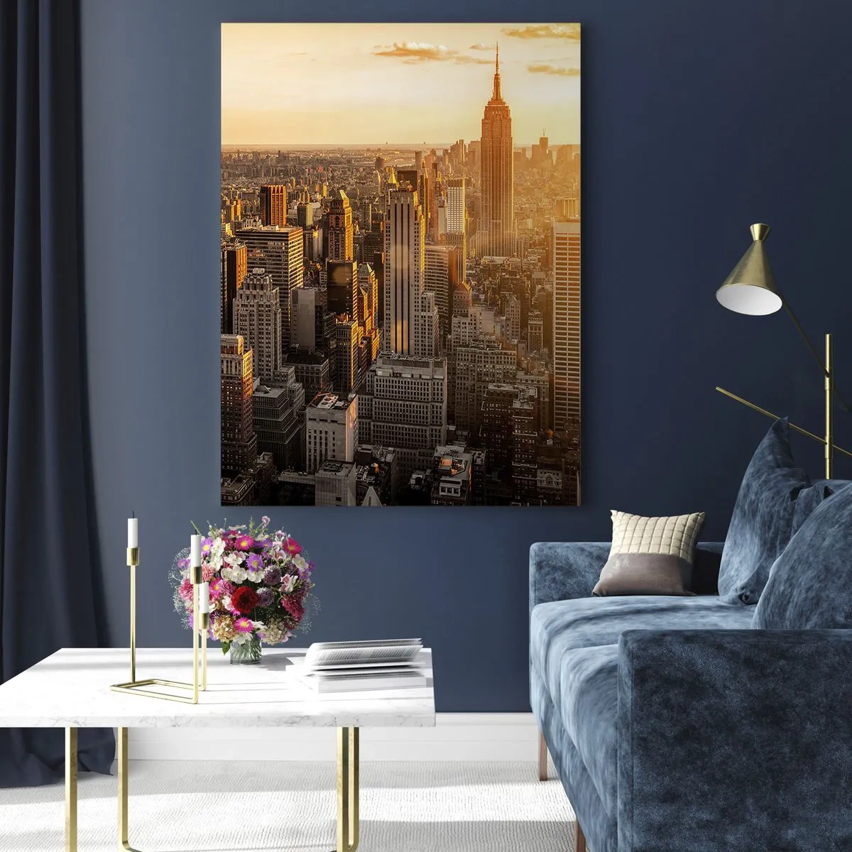 Obraz na szkle - Panorama Nowego Jorku o zachodzie słońca z widokiem na Empire State Building - 70x100cm - Rosnąc w słońcu - Nowoczesna dekoracja ścienna do salonu i sypialni ARTTOR