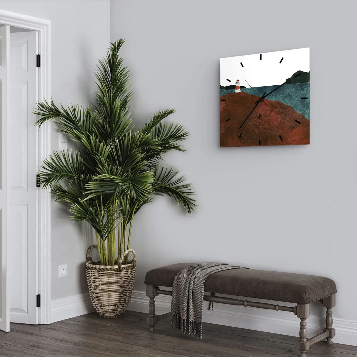 Zegar ścienny - Latarnia morska na tle gór i morza - 30x30cm - Wpatrzona w morze - Nowoczesna dekoracja ścienna do salonu i sypialni ARTTOR
