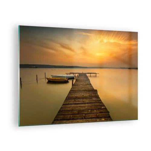 Obraz na szkle - Molo nad jeziorem przy zachodzie słońca z łodzią - 70x50cm - Niebo złote ci otworzę - Nowoczesna dekoracja ścienna do salonu i sypialni ARTTOR