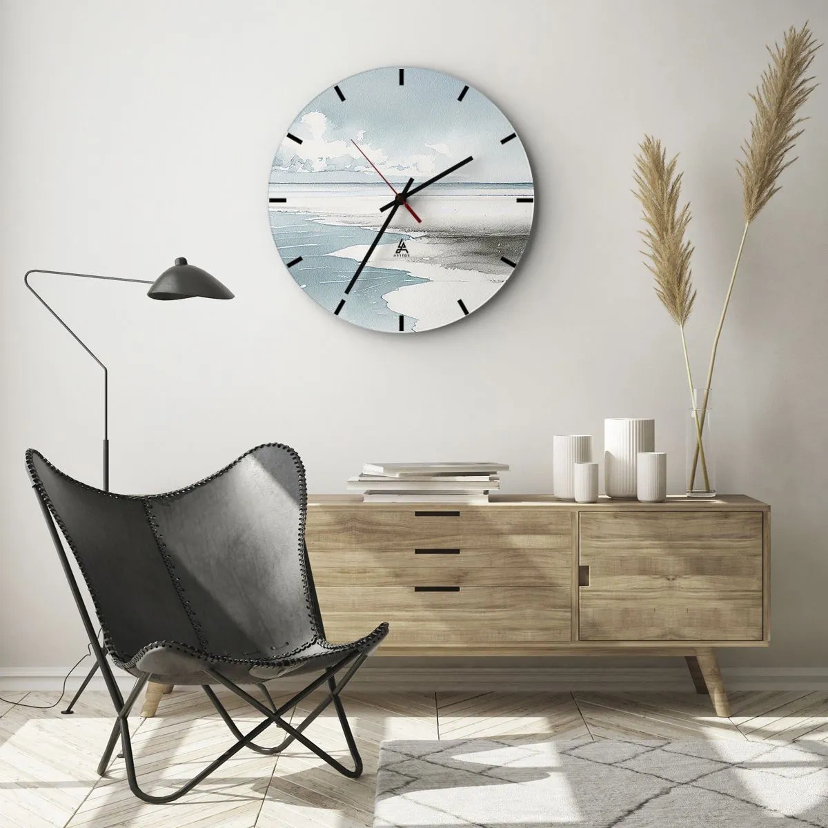 Zegar ścienny - Szeroka plaża i morze w spokojnej, pastelowej akwareli - 30x30cm - Łagodny przypływ - Nowoczesna dekoracja ścienna do salonu, kuchni i sypialni ARTTOR