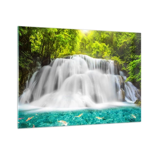 Obraz na szkle - Wodospad w otoczeniu zieleni z krystalicznie czystą wodą - 100x70cm - Pienistą kaskadą od zieleni do lazuru - Nowoczesna dekoracja ścienna do salonu, kuchni i sypialni ARTTOR