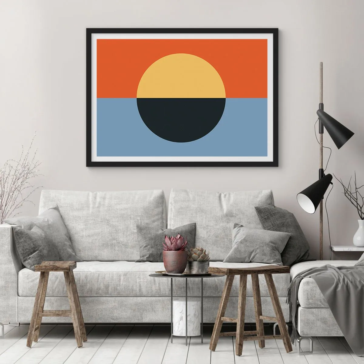 Plakat w czarnej ramie - Abstrakcja geometryczna z kontrastowymi kolorami - 70x50cm - Kompozycja ciepła i chłodu - Nowoczesna dekoracja ścienna do salonu i sypialni ARTTOR