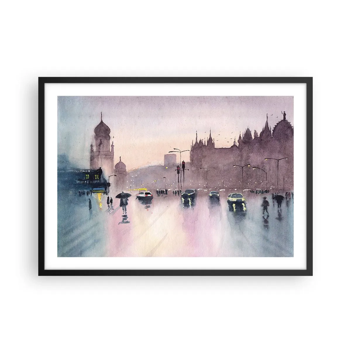 Plakat w czarnej ramie - Miejska ulica o zmierzchu w akwarelowym stylu - 70x50cm - W deszczowej mgiełce - Nowoczesna dekoracja ścienna do salonu i sypialni ARTTOR