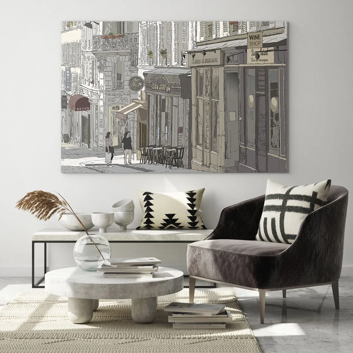 Obraz na szkle - Uliczka z kawiarniami w artystycznym stylu miejskim - 70x50cm - Miejskie radości - Nowoczesna dekoracja ścienna do salonu i sypialni ARTTOR